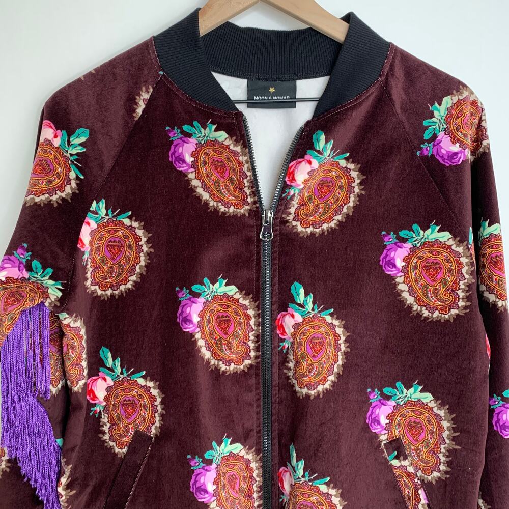 Moon & Nomad Mixed Emotions Velvet Bomber Jacket Burgundy Purple Fringe Medium - Picture 11 of 14